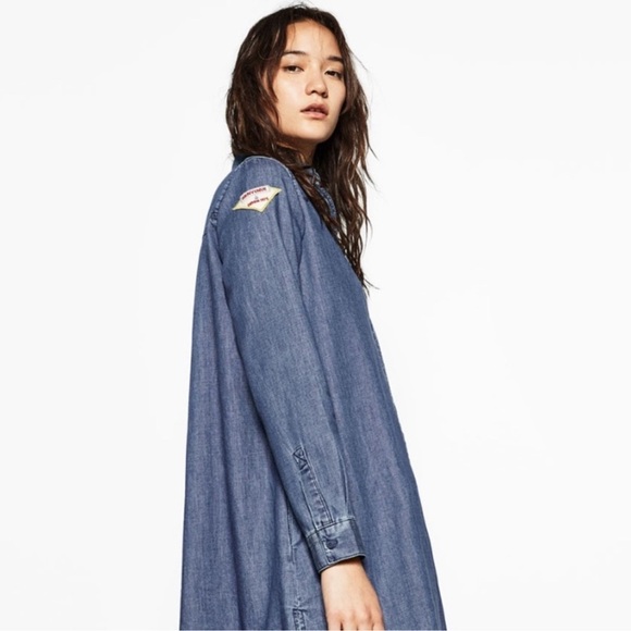 ZARA Basics Z975 Patch Oversized Denim Shirt S Western Chic Grunge Versatile - Picture 5 of 12